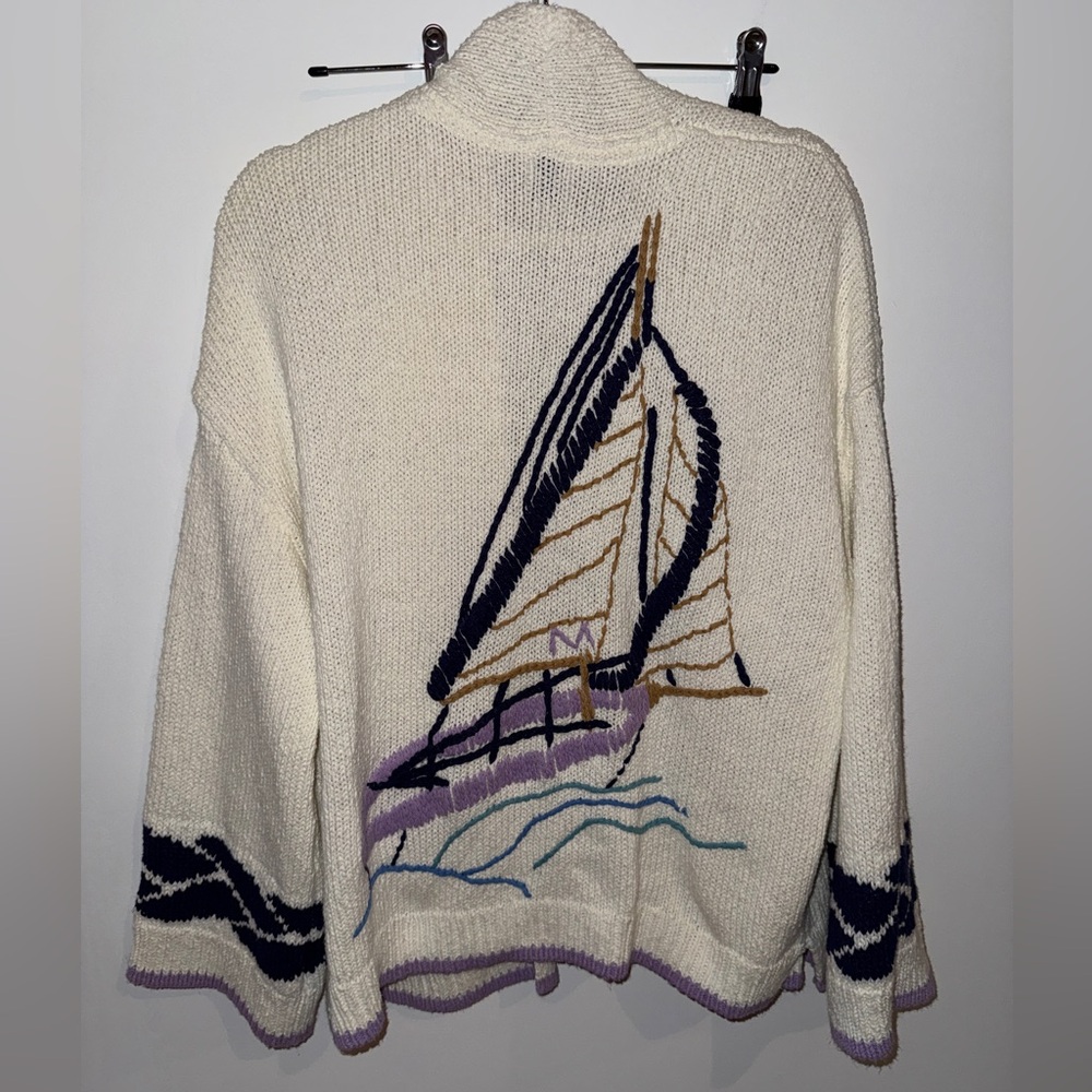 Anthropologie Maeve Cream Sailboat Intarsia Knit Cardigan with Navy Trim - Picture 3 of 6